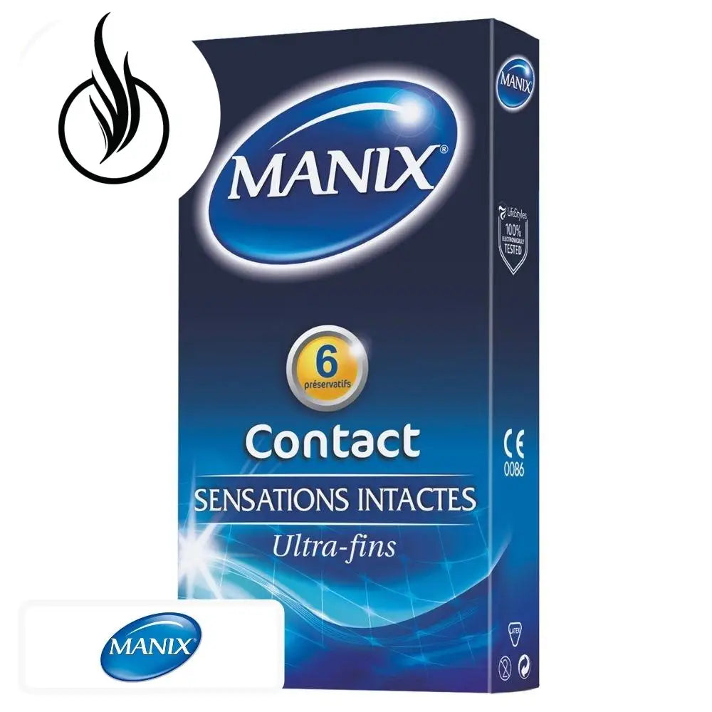 Produit de la marque Manix Contact Préservatifs Sensations Intactes - 6 unités sur un fond blanc avec un logo Parachezvous et celui de de la marque Manix