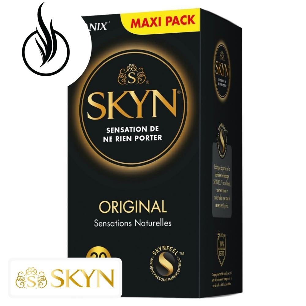 Produit de la marque Manix Skyn Original Préservatifs Sensations Naturelles - 20 unités sur un fond blanc avec un logo Parachezvous et celui de de la marque Skyn